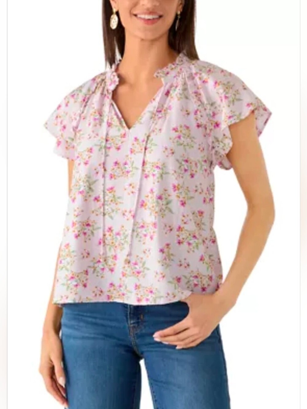 Various Sizes- Tie Front Embroidered Flutter Sleeve Bouquet Blouse-NWT
